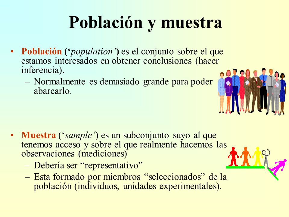 Población y muestra Población (‘population’) es el conjunto sobre el que estamos interesados en obtener conclusiones (hacer inferencia).