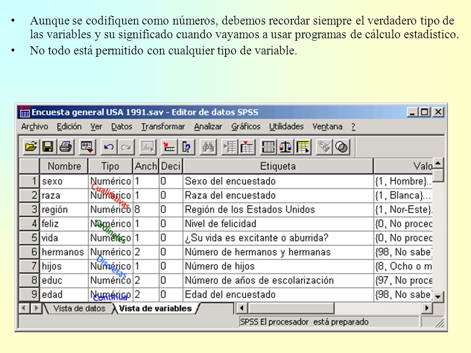 Aunque se codifiquen como números, debemos recordar siempre el verdadero tipo de las variables y su significado cuando vayamos a usar programas de cálculo estadístico.