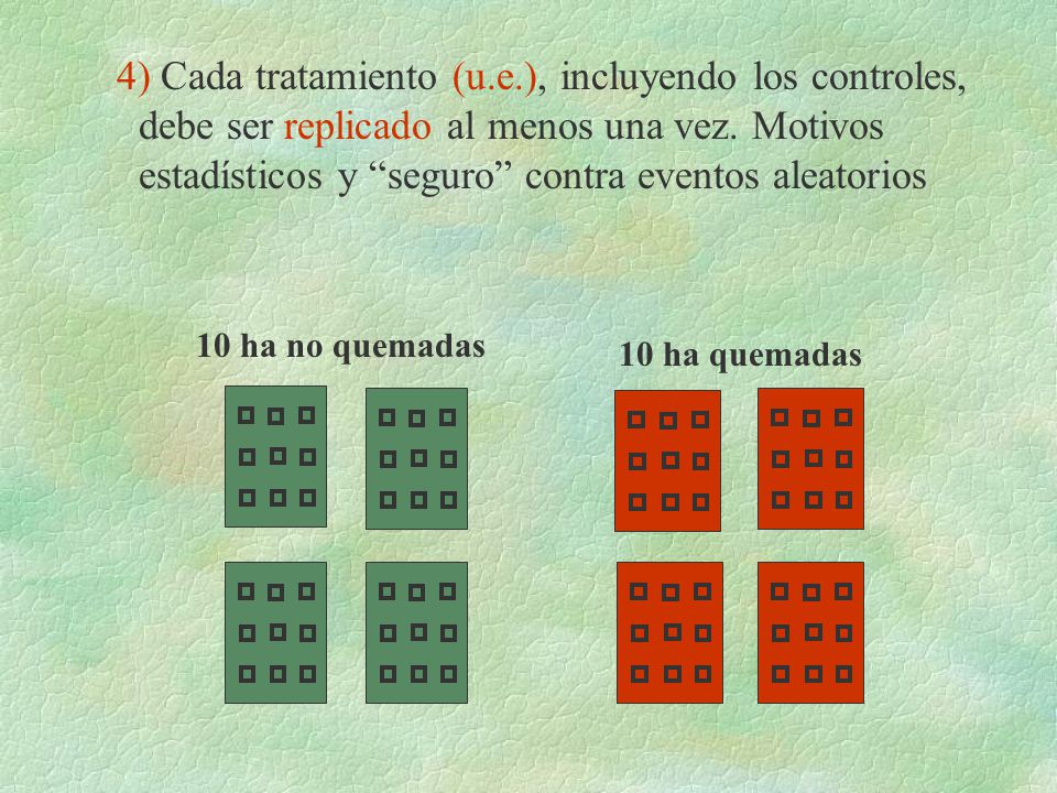 4) Cada tratamiento (u.e.), incluyendo los controles, debe ser replicado al menos una vez. Motivos estadísticos y seguro contra eventos aleatorios