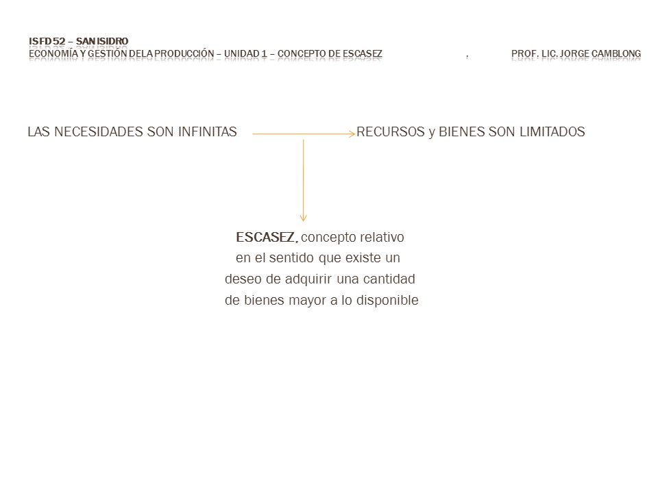 ISFD 52 – San Isidro Economía y Gestión dela Producción – Unidad 1 – Concepto de escasez . Prof. Lic. Jorge CAMBLONG