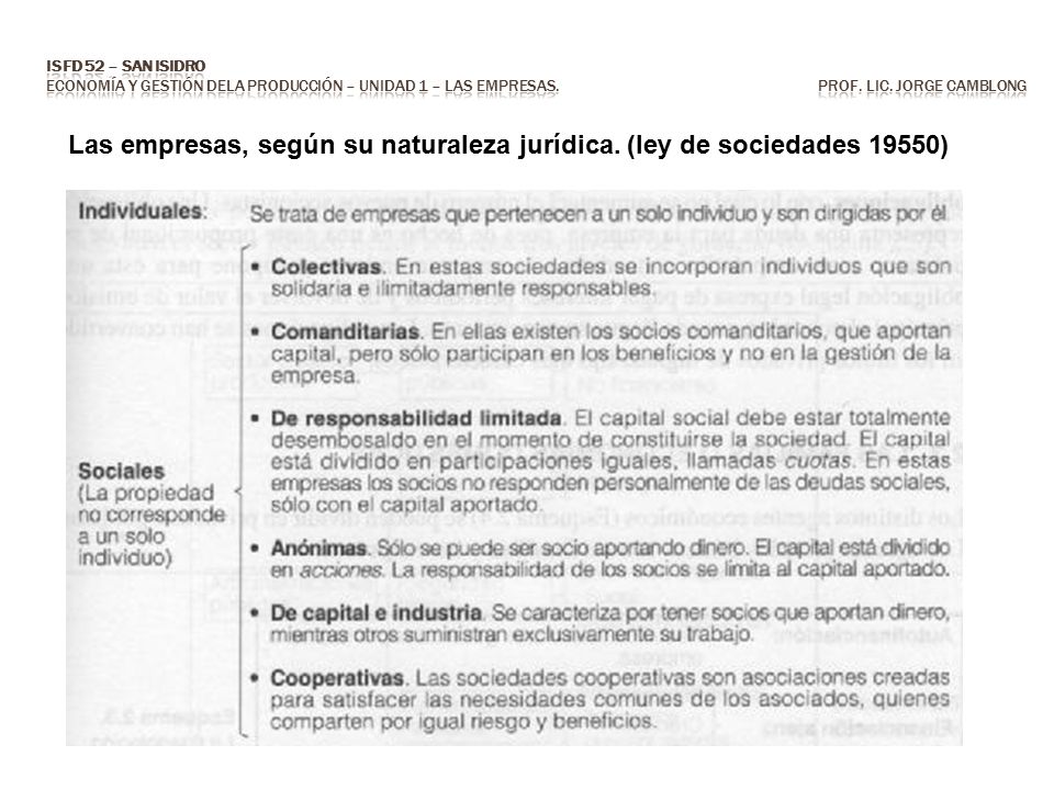 Las empresas, según su naturaleza jurídica. (ley de sociedades 19550)