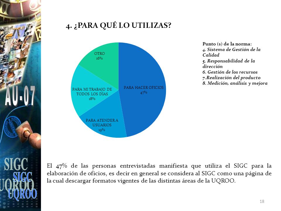 SIGC UQROO. AU-07. Punto (s) de la norma: 4. Sistema de Gestión de la Calidad. 5. Responsabilidad de la dirección.
