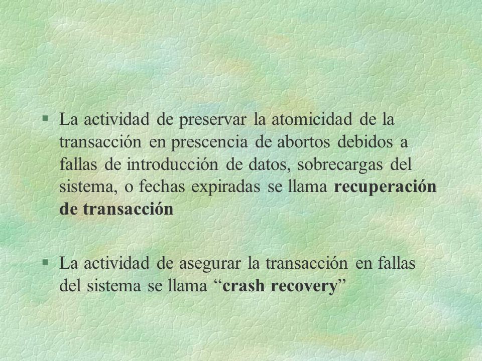 La actividad de preservar la atomicidad de la transacción en prescencia de abortos debidos a fallas de introducción de datos, sobrecargas del sistema, o fechas expiradas se llama recuperación de transacción