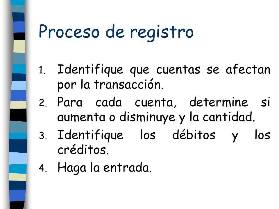 Proceso de registro Identifique que cuentas se afectan por la transacción. Para cada cuenta, determine si aumenta o disminuye y la cantidad.