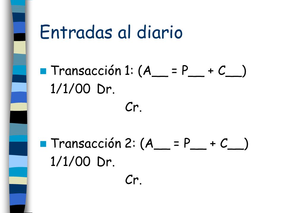 Entradas al diario Transacción 1: (A__ = P__ + C__) 1/1/00 Dr. Cr.