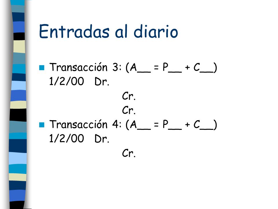 Entradas al diario Transacción 3: (A__ = P__ + C__) 1/2/00 Dr. Cr.