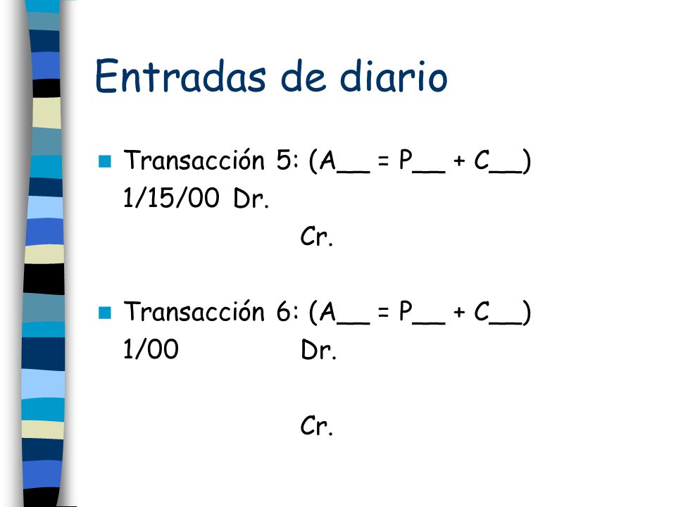 Entradas de diario Transacción 5: (A__ = P__ + C__) 1/15/00 Dr. Cr.