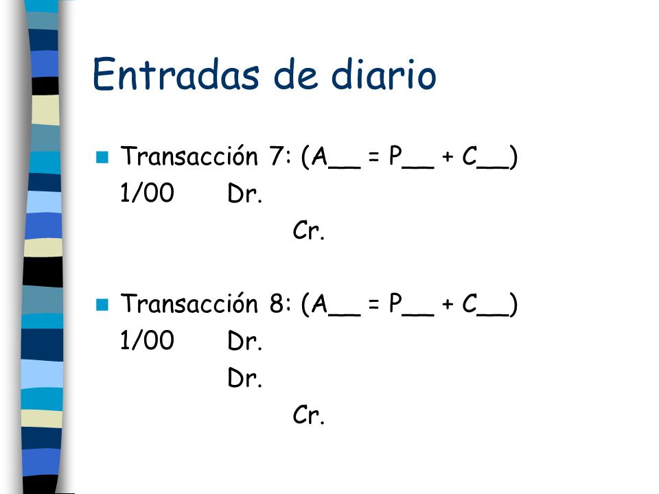 Entradas de diario Transacción 7: (A__ = P__ + C__) 1/00 Dr. Cr.