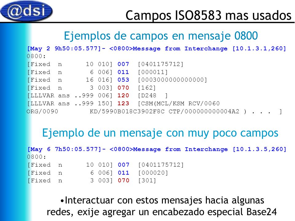 Campos ISO8583 mas usados Ejemplos de campos en mensaje 0800