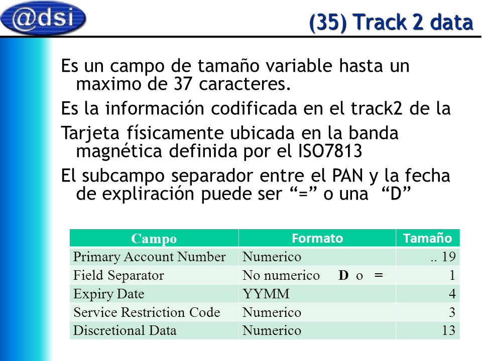(35) Track 2 data Es un campo de tamaño variable hasta un maximo de 37 caracteres. Es la información codificada en el track2 de la.