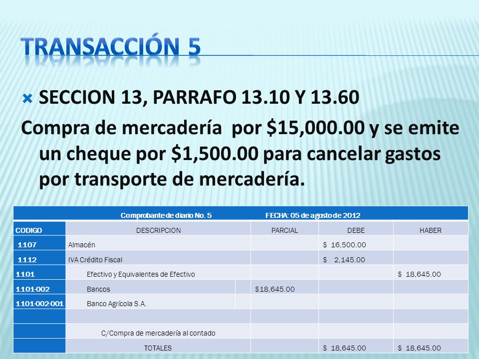 Comprobante de diario No. 5 FECHA: 05 de agosto de 2012