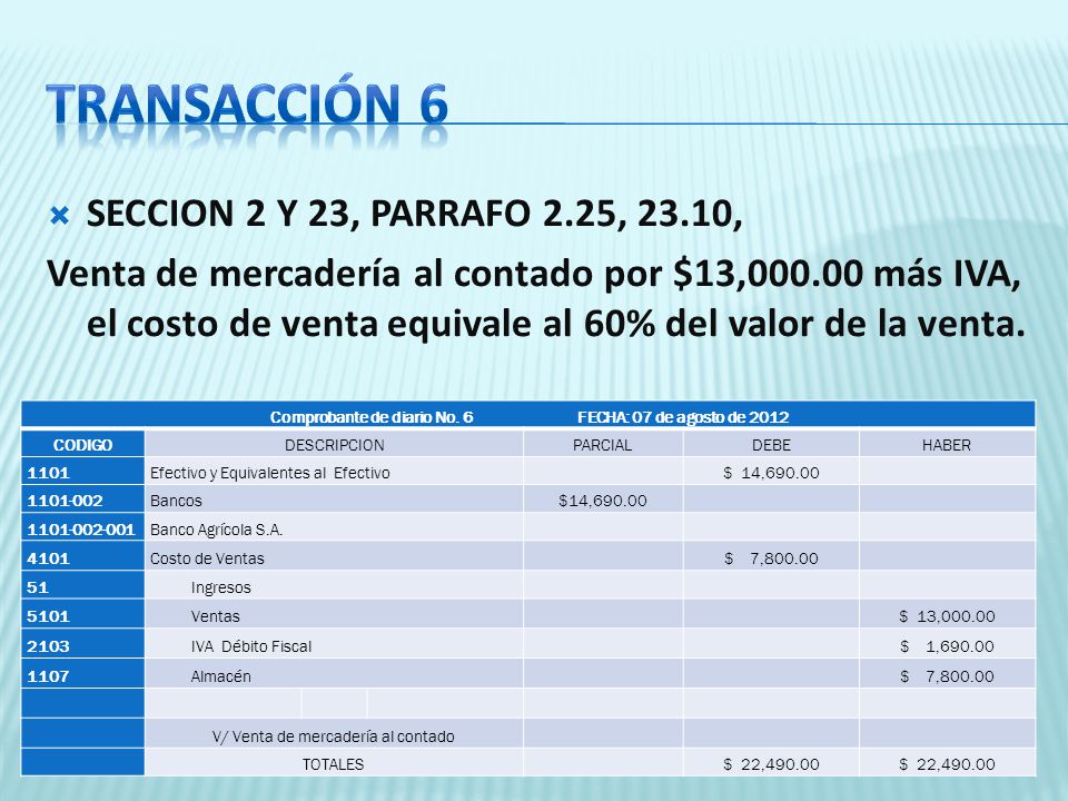Comprobante de diario No. 6 FECHA: 07 de agosto de 2012