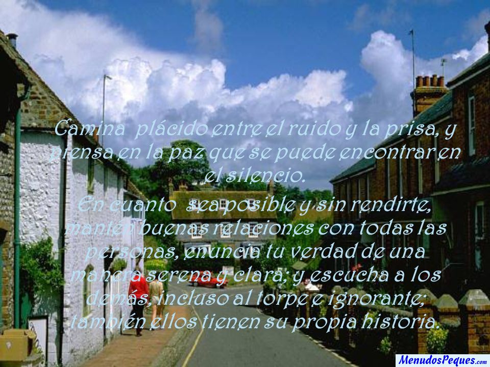Camina plácido entre el ruido y la prisa, y piensa en la paz que se puede encontrar en el silencio.