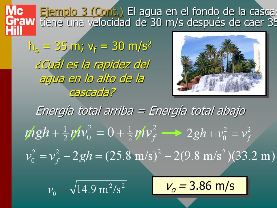 ¿Cuál es la rapidez del agua en lo alto de la cascada