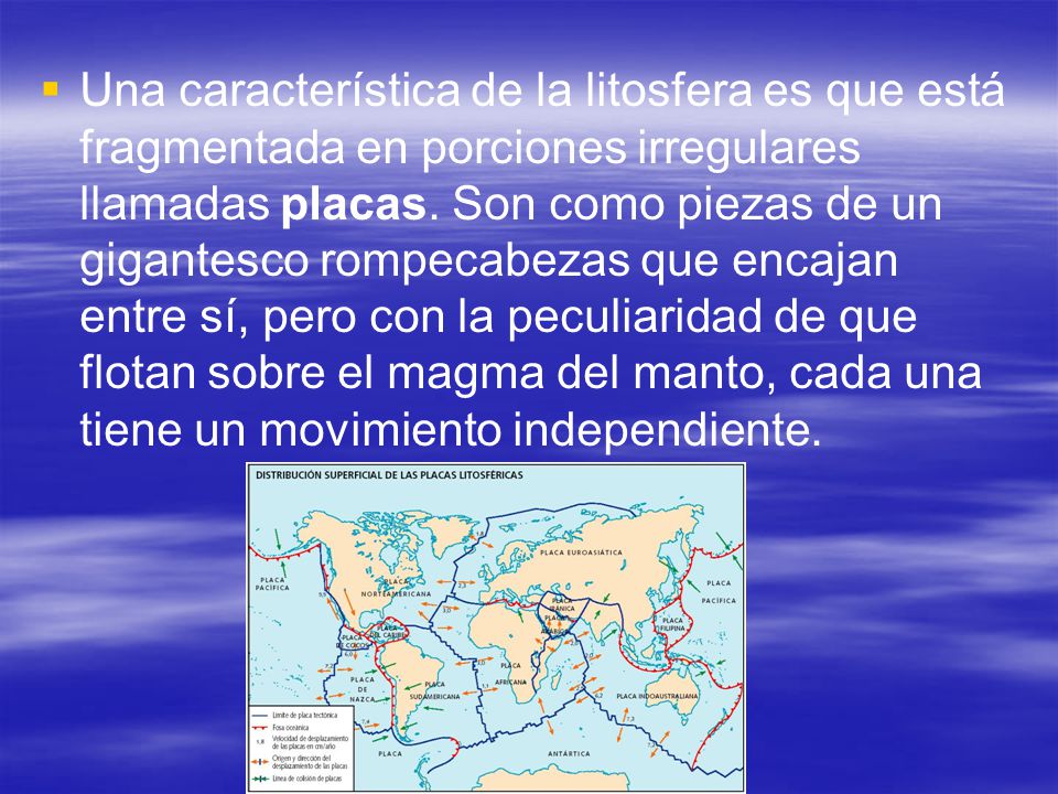 Una característica de la litosfera es que está fragmentada en porciones irregulares llamadas placas.