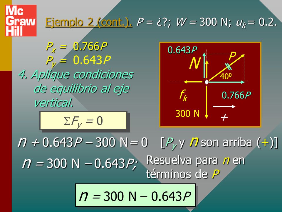 Ejemplo 2 (cont.). P = ¿ ; W = 300 N; uk = 0.2.