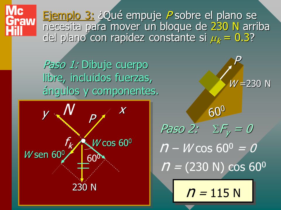 N n – W cos 600 = 0 n = (230 N) cos 600 n = 115 N P x 600 y P