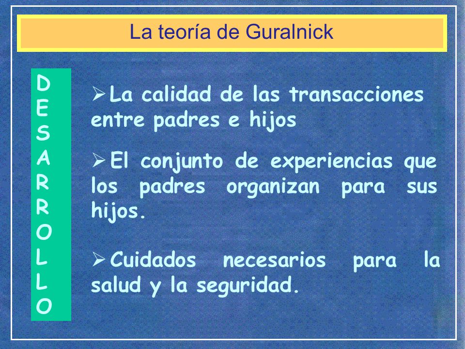 La teoría de Guralnick D. E. S. A. R. O. L. La calidad de las transacciones entre padres e hijos.
