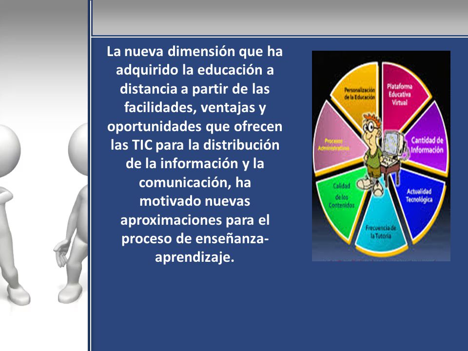 La nueva dimensión que ha adquirido la educación a distancia a partir de las facilidades, ventajas y oportunidades que ofrecen las TIC para la distribución de la información y la comunicación, ha motivado nuevas aproximaciones para el proceso de enseñanza-aprendizaje.