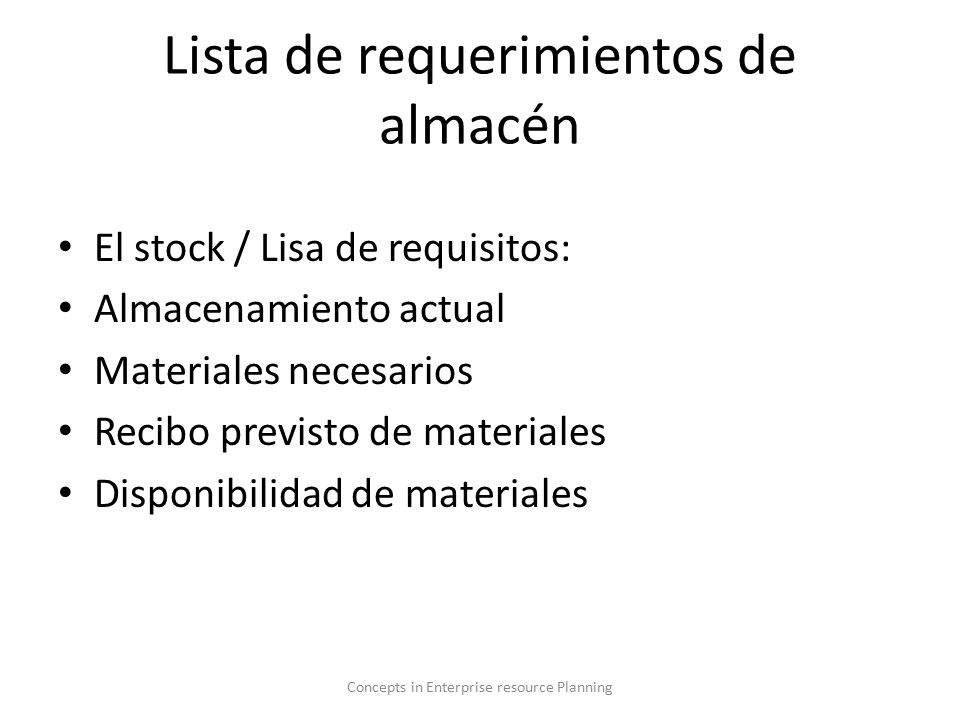 Lista de requerimientos de almacén
