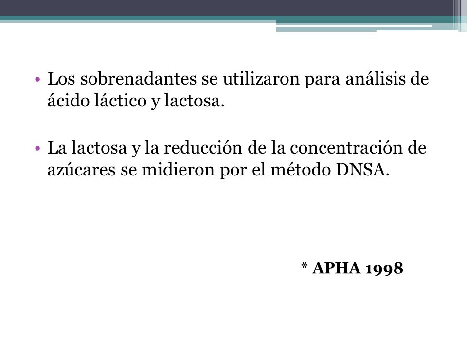 Los sobrenadantes se utilizaron para análisis de ácido láctico y lactosa.