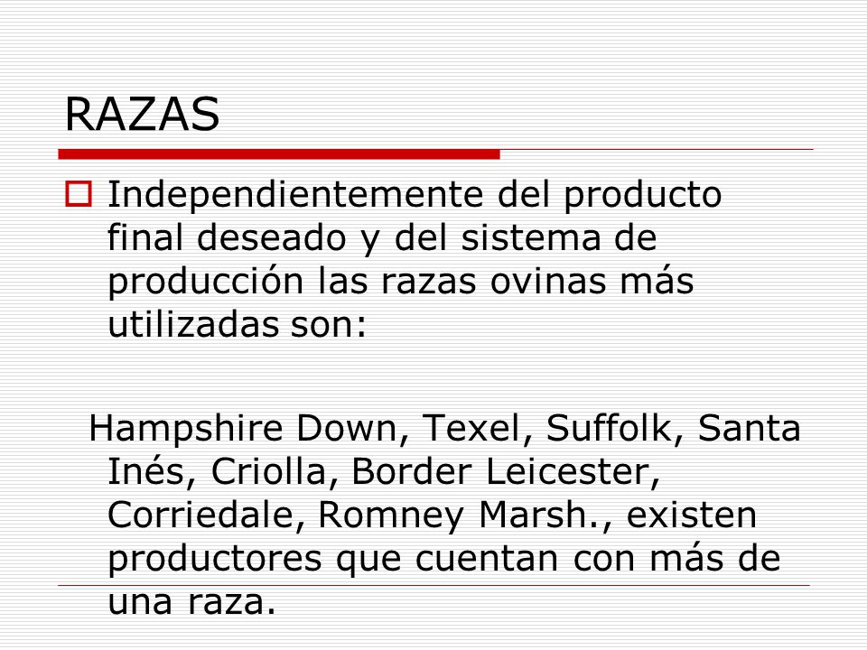 RAZAS Independientemente del producto final deseado y del sistema de producción las razas ovinas más utilizadas son: