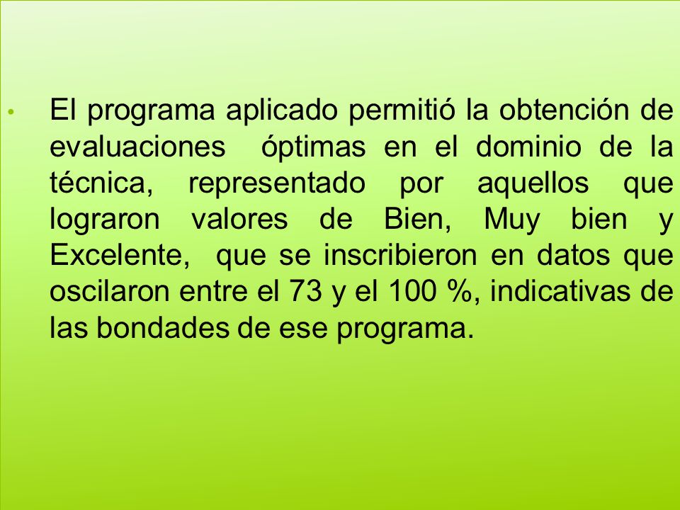 El programa aplicado permitió la obtención de evaluaciones óptimas en el dominio de la técnica, representado por aquellos que lograron valores de Bien, Muy bien y Excelente, que se inscribieron en datos que oscilaron entre el 73 y el 100 %, indicativas de las bondades de ese programa.