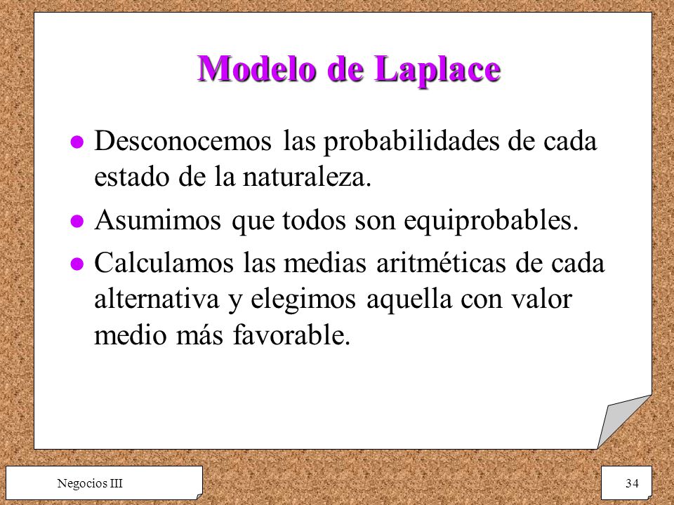 Modelo de Laplace Desconocemos las probabilidades de cada estado de la naturaleza. Asumimos que todos son equiprobables.