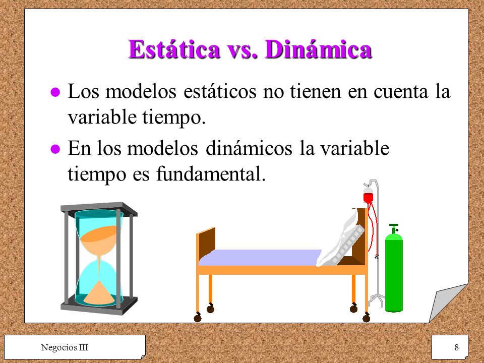 Estática vs. Dinámica Los modelos estáticos no tienen en cuenta la variable tiempo. En los modelos dinámicos la variable tiempo es fundamental.