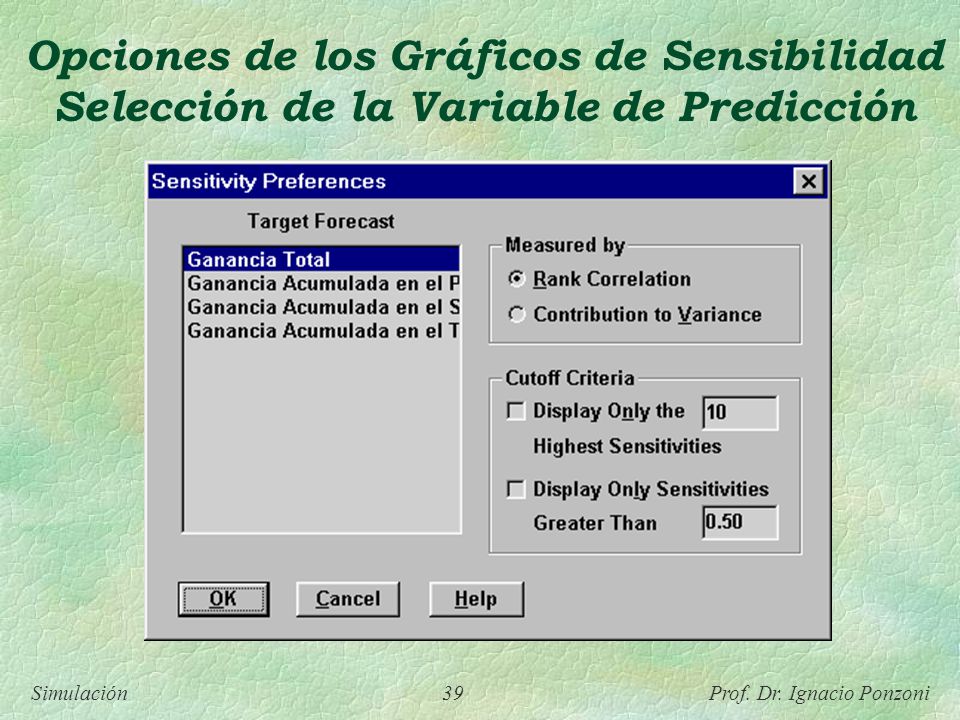 Opciones de los Gráficos de Sensibilidad Selección de la Variable de Predicción