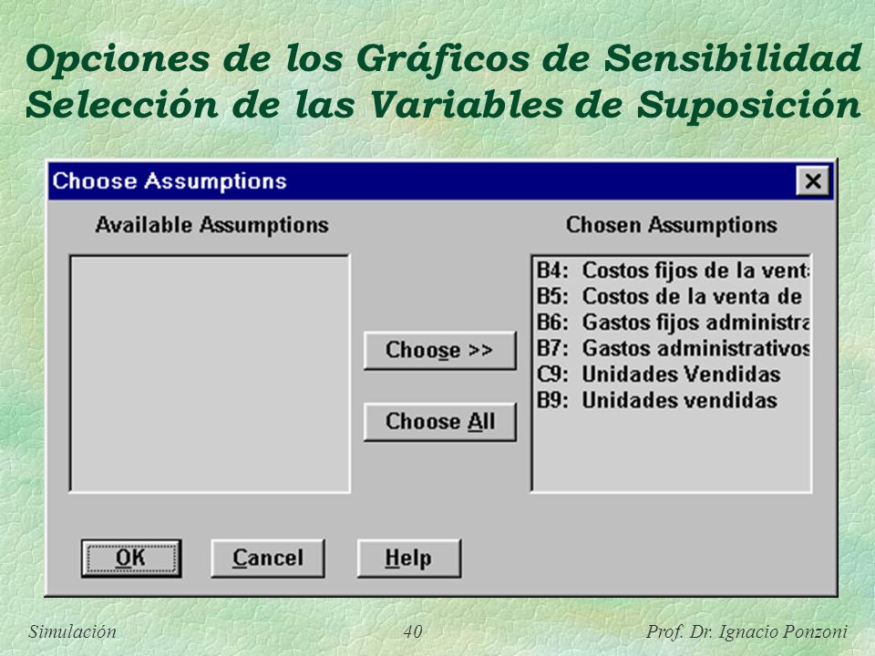 Opciones de los Gráficos de Sensibilidad Selección de las Variables de Suposición