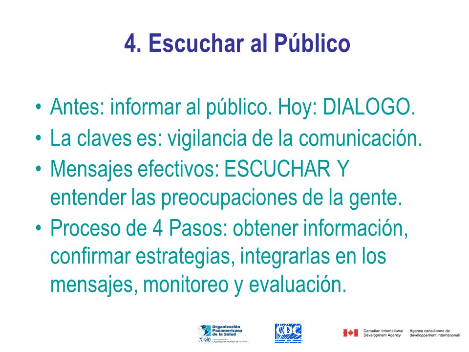 4. Escuchar al Público Antes: informar al público. Hoy: DIALOGO.