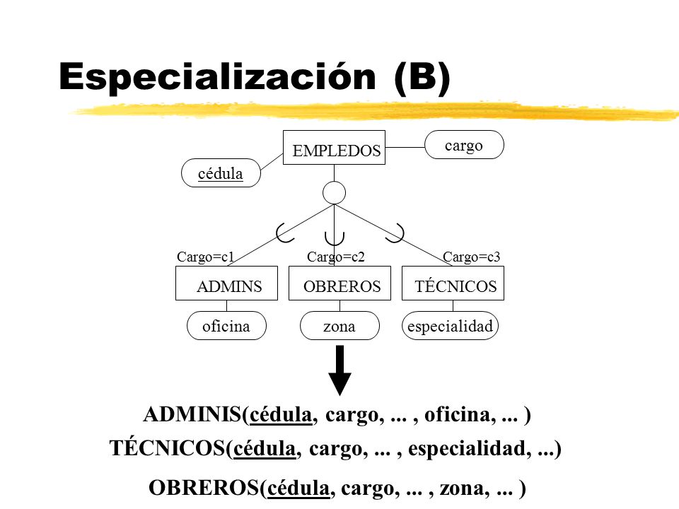 Especialización (B)  ADMINIS(cédula, cargo, ... , oficina, ... )