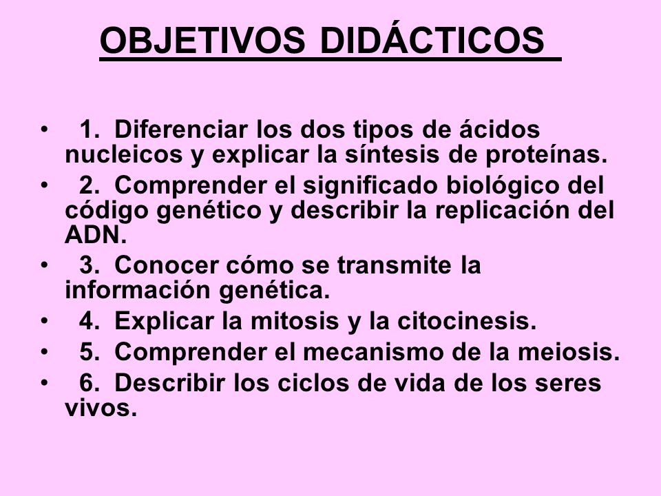 OBJETIVOS DIDÁCTICOS 1. Diferenciar los dos tipos de ácidos nucleicos y explicar la síntesis de proteínas.