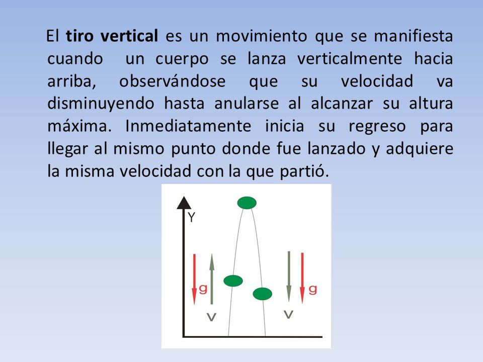 El tiro vertical es un movimiento que se manifiesta cuando un cuerpo se lanza verticalmente hacia arriba, observándose que su velocidad va disminuyendo hasta anularse al alcanzar su altura máxima.