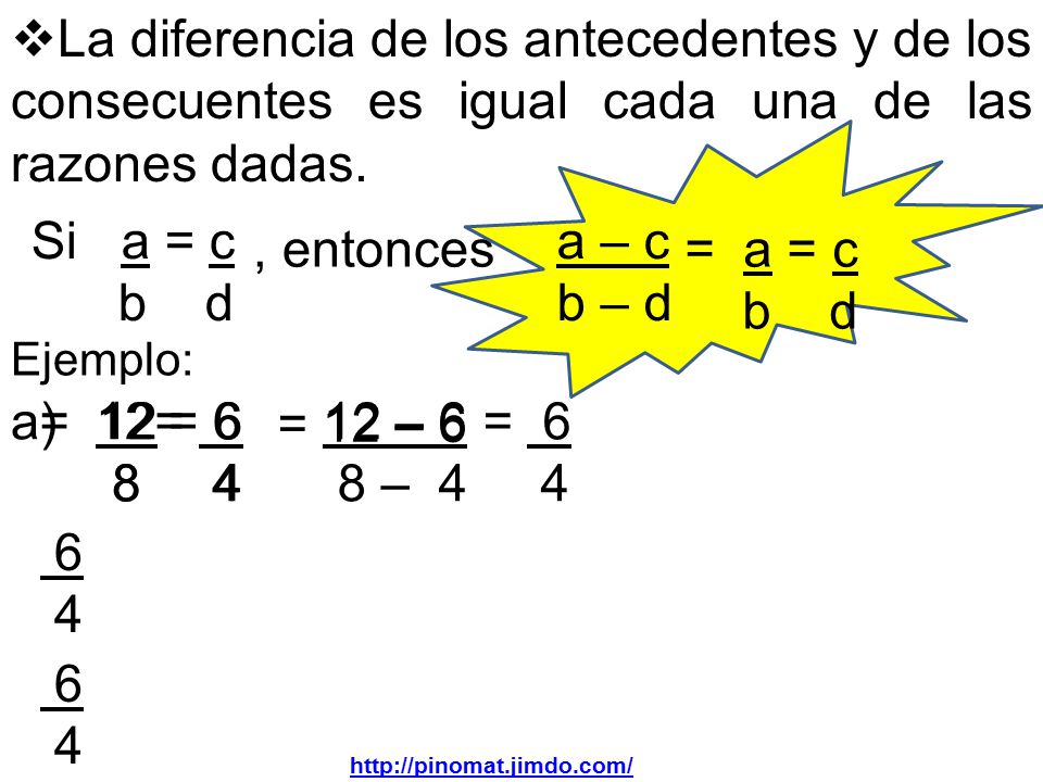 La diferencia de los antecedentes y de los consecuentes es igual cada una de las razones dadas.