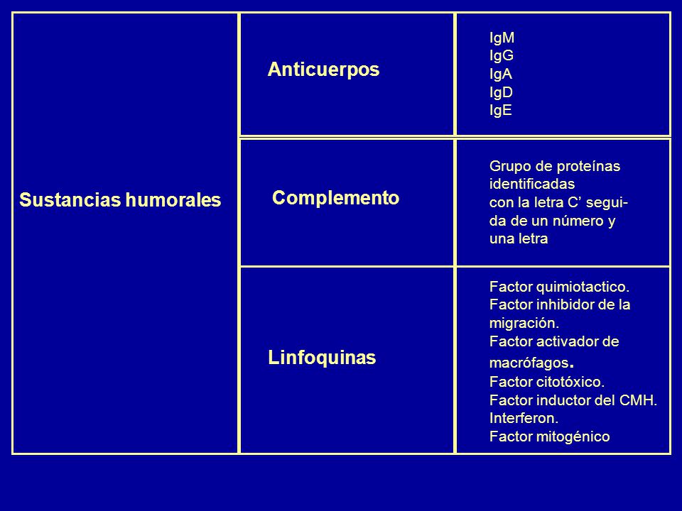 Anticuerpos Complemento Sustancias humorales Linfoquinas IgM IgG IgA