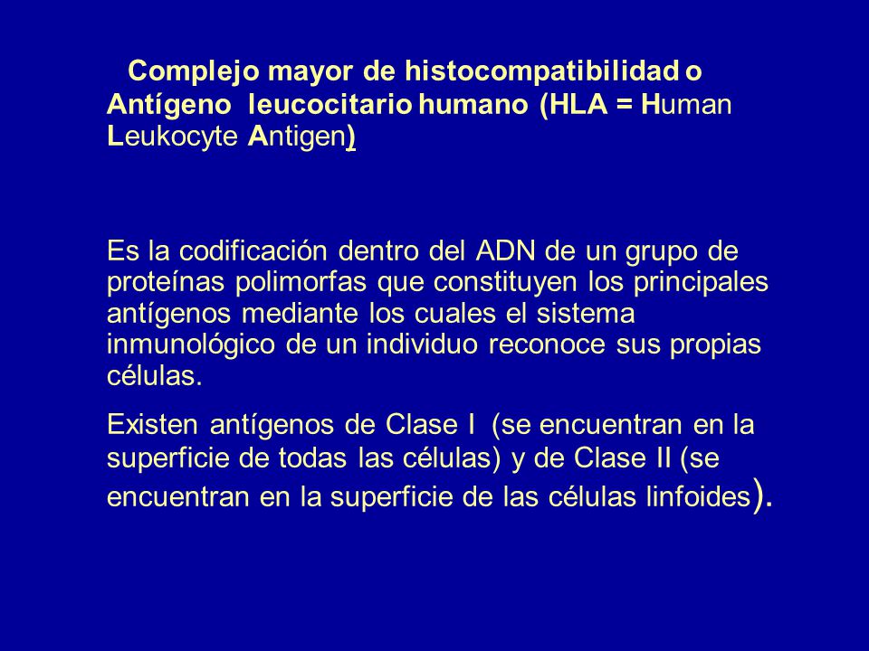Complejo mayor de histocompatibilidad o Antígeno leucocitario humano (HLA = Human Leukocyte Antigen)