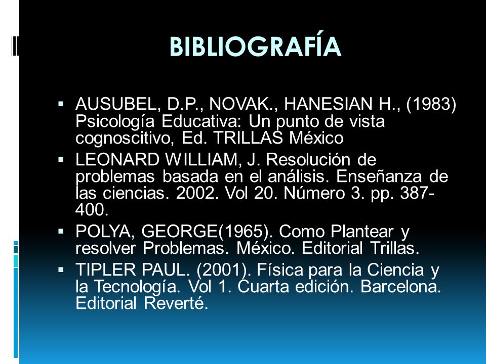 BIBLIOGRAFÍA AUSUBEL, D.P., NOVAK., HANESIAN H., (1983) Psicología Educativa: Un punto de vista cognoscitivo, Ed. TRILLAS México.