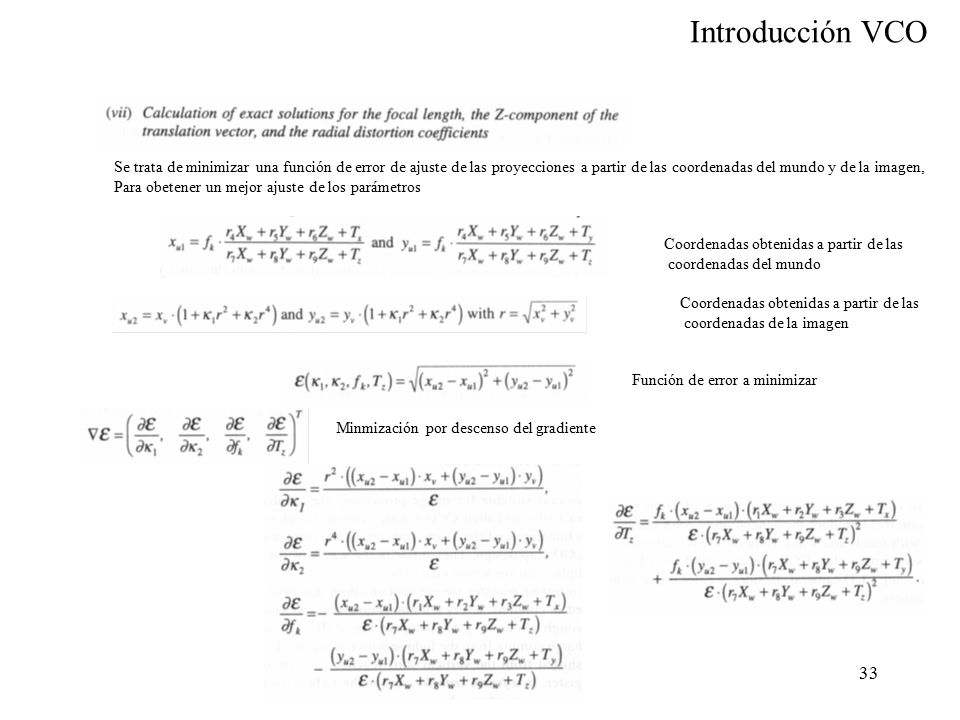 Se trata de minimizar una función de error de ajuste de las proyecciones a partir de las coordenadas del mundo y de la imagen,