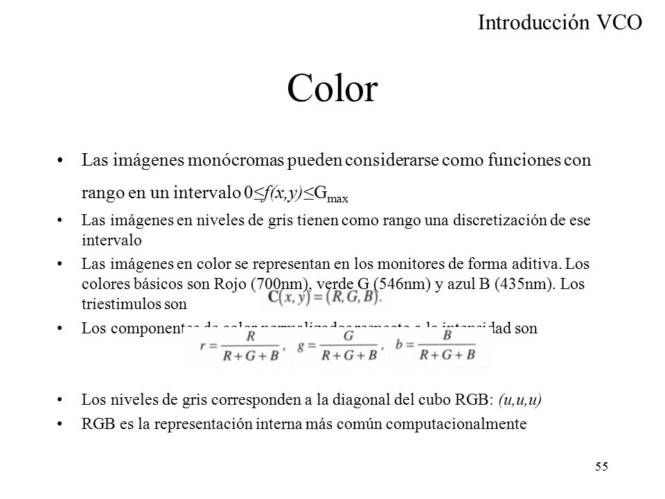 Color Las imágenes monócromas pueden considerarse como funciones con rango en un intervalo 0≤f(x,y)≤Gmax.