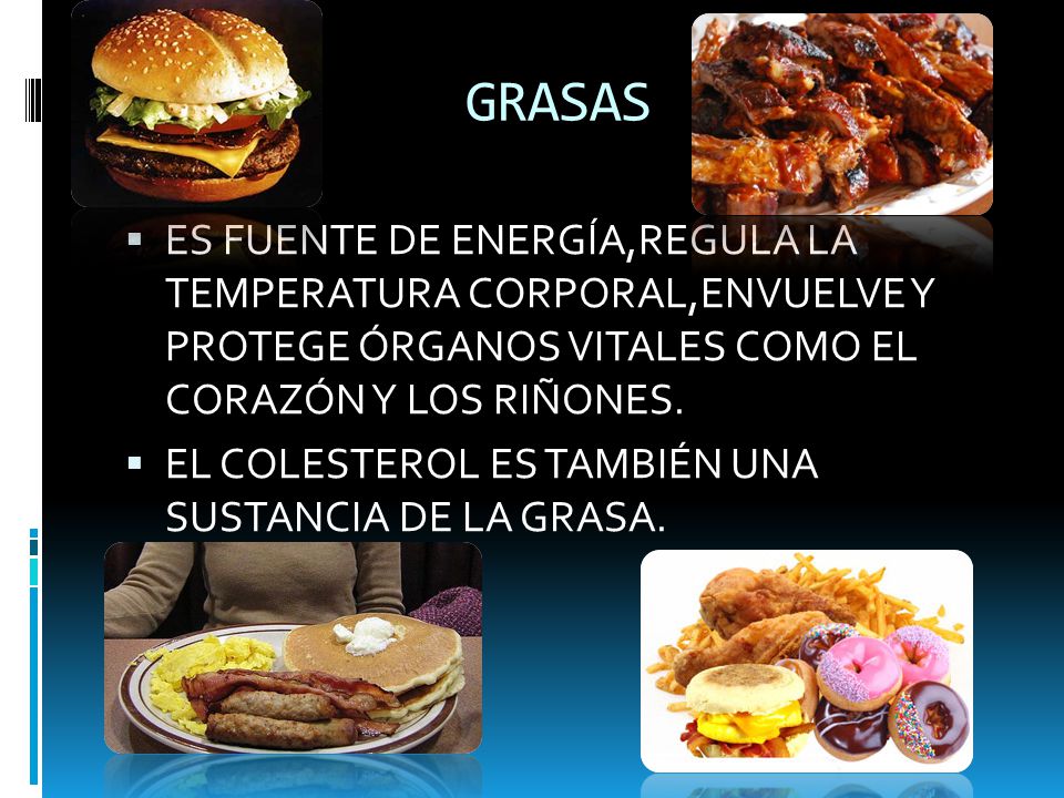 GRASAS ES FUENTE DE ENERGÍA,REGULA LA TEMPERATURA CORPORAL,ENVUELVE Y PROTEGE ÓRGANOS VITALES COMO EL CORAZÓN Y LOS RIÑONES.