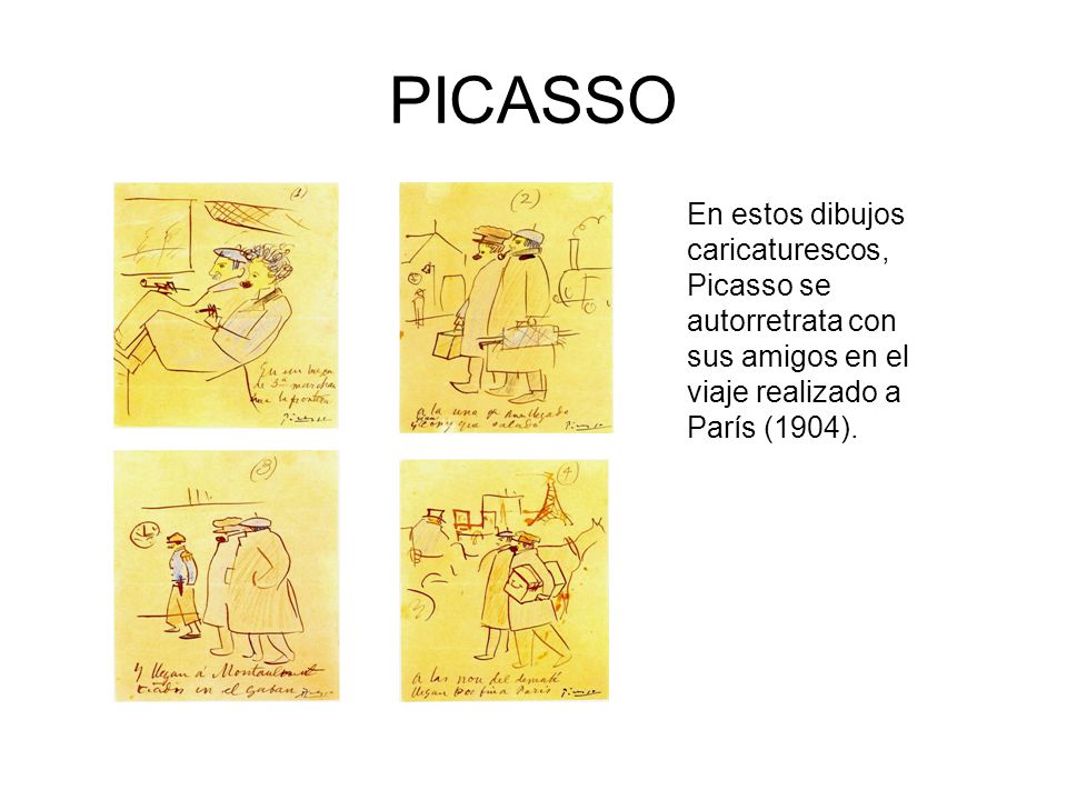 PICASSO En estos dibujos caricaturescos, Picasso se autorretrata con sus amigos en el viaje realizado a París (1904).