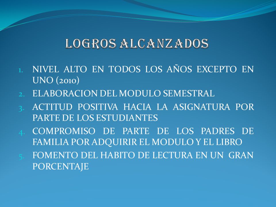 Logros alcanzados NIVEL ALTO EN TODOS LOS AÑOS EXCEPTO EN UNO (2010)