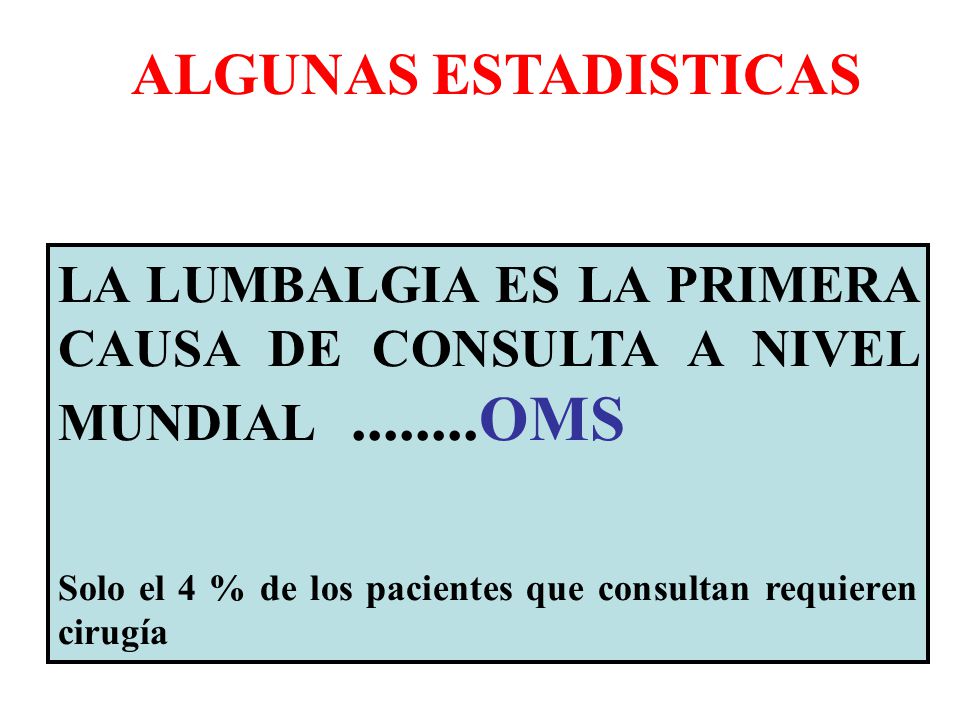 ALGUNAS ESTADISTICAS LA LUMBALGIA ES LA PRIMERA CAUSA DE CONSULTA A NIVEL MUNDIAL OMS.