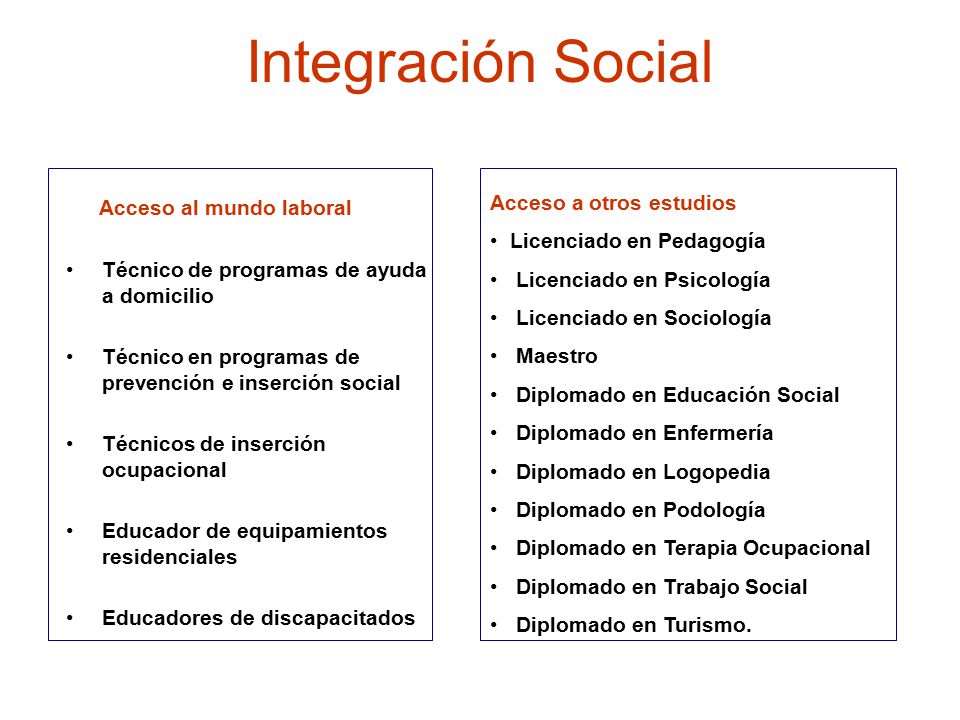 Integración Social Acceso al mundo laboral Acceso a otros estudios