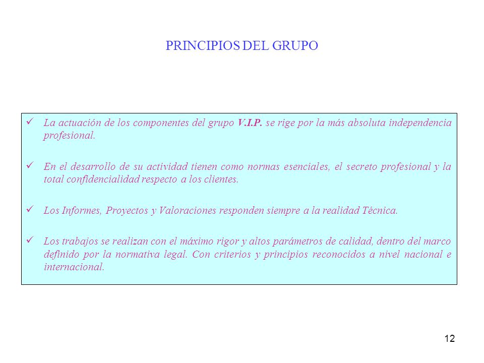 PRINCIPIOS DEL GRUPO La actuación de los componentes del grupo V.I.P. se rige por la más absoluta independencia profesional.