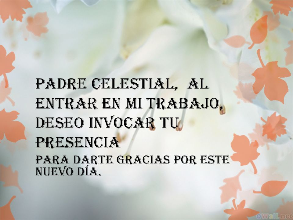 Padre celestial, al entrar en mi trabajo, deseo invocar tu presencia