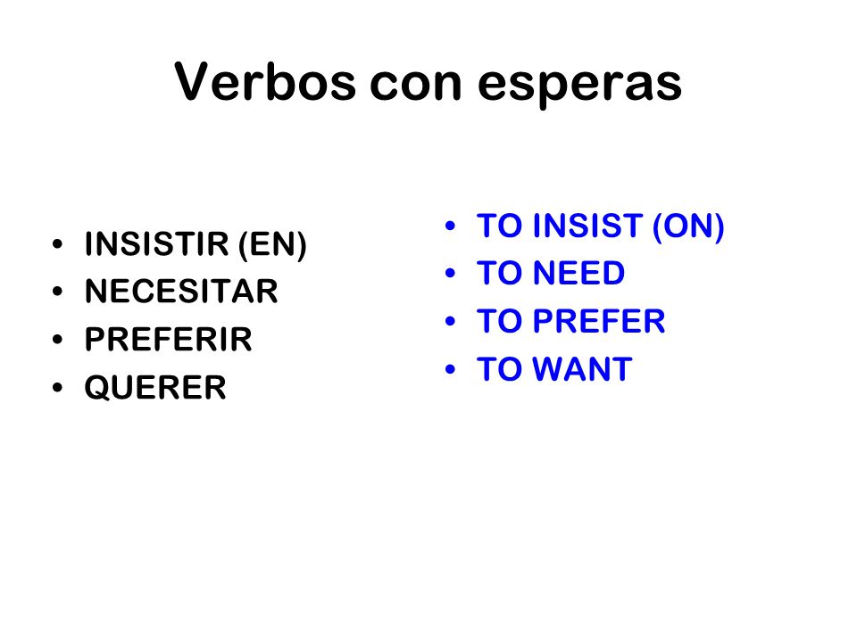 Verbos con esperas TO INSIST (ON) INSISTIR (EN) TO NEED NECESITAR