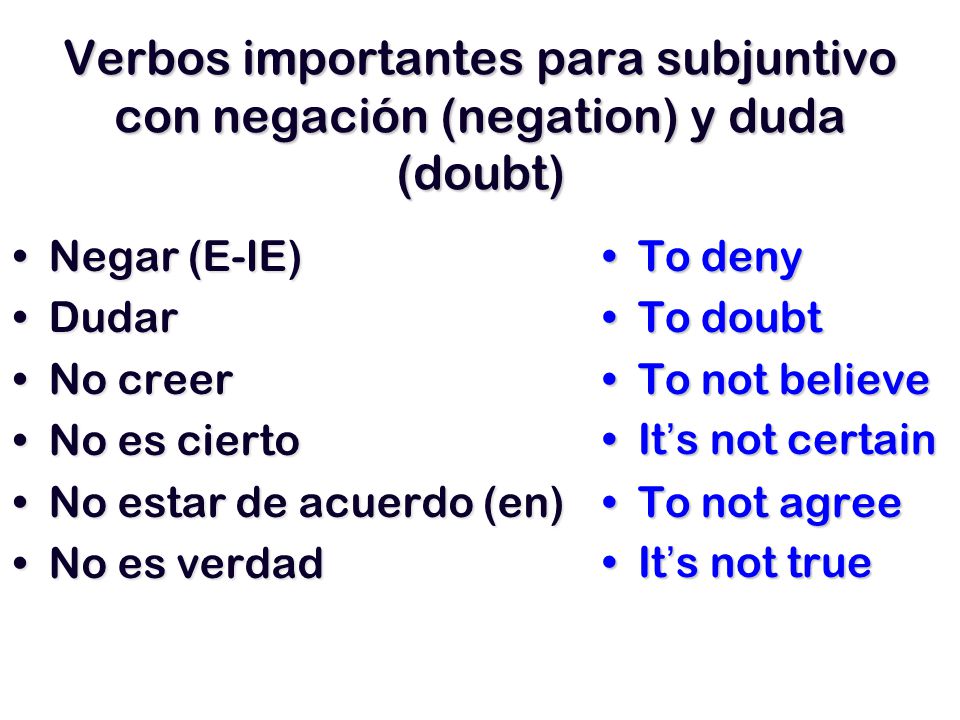 Verbos importantes para subjuntivo con negación (negation) y duda (doubt)